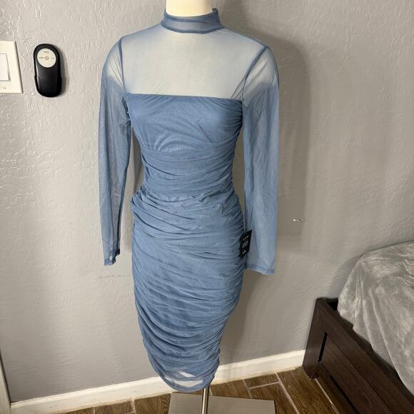 Lulus Impressive Flirt Slate Blue Mesh Ruched Mock Neck Midi Dress 2285976 - Picture 1 of 5